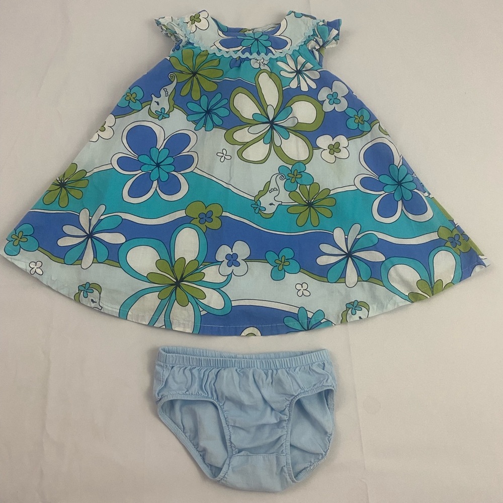 Crazy 8 Cotton Sea Horse Dress with Attached Cotton Slip Matching Diaper Cover